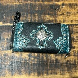 P & G wrist wallet. Nice  turquoise with silver rhinestones. Preowned.